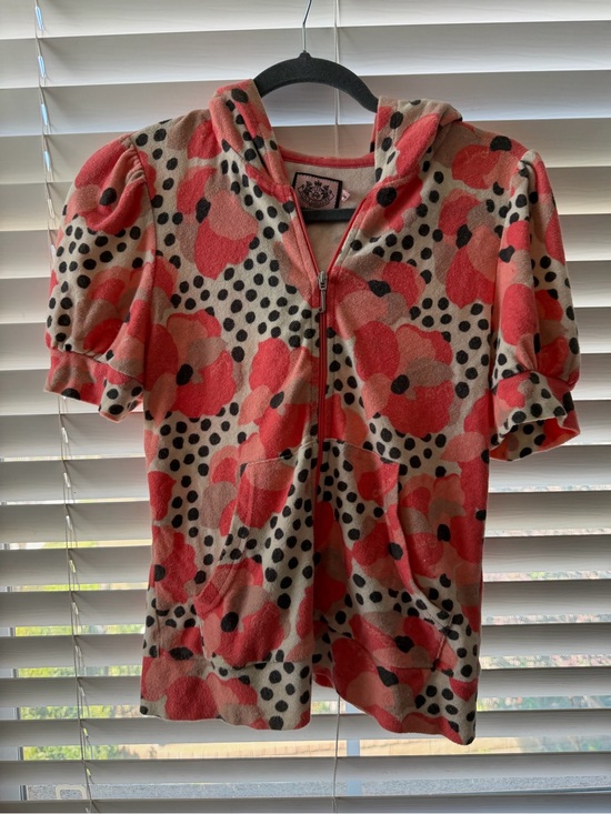 Juicy Couture Tops - Juicy Couture Coral Floral Zip Hoodie with Black Polka Dots Medium